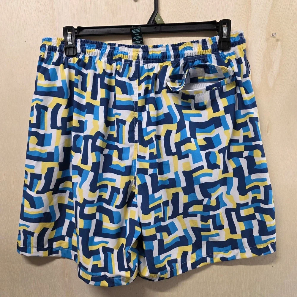 Hot‎ Coals Mens XL Swim Trunks Blue Yellow Geometric Maze Quick Dry UPF 50+ NWT